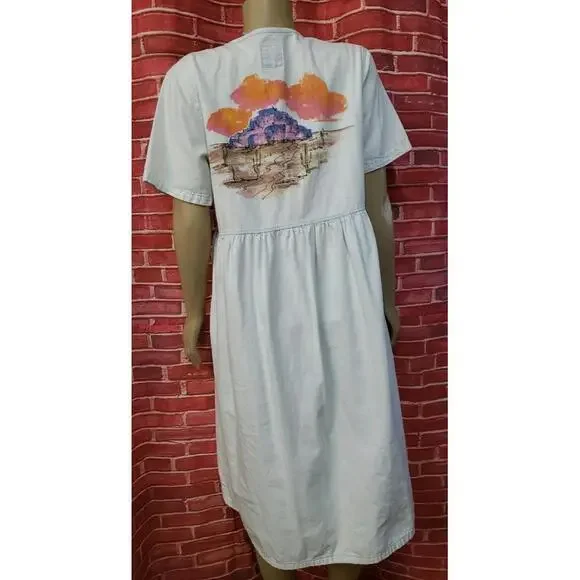 Sun Belt Denim Light Blue Size M Midi Dress ARTSY SS 🏜 Desert handpainted #CB8 - Picture 9 of 10